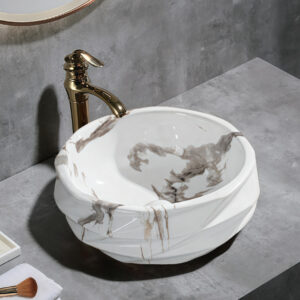 Elegant Marble Print Ceramic Bathroom Geometric Vessel Basin Bowl Washbasin Wholesale for Hotel Home Bathrooms