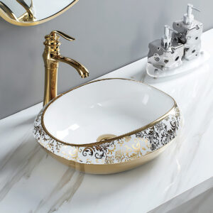 Luxurious Golden Flower Print Electroplated Basin Bathroom Vessel Sink Ceramic Vanity Basin Bowl with Gold Trim Washbasin for Bathroom Upgrade