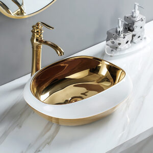 Luxury Series White Gold Electroplated Basin Bathroom Vessel Sink Ceramic Vanity Top Mounted Basin Bowl Washbasin for Bathroom Renovation