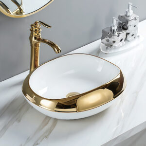 Luxury Series Multi-layer Gold Electroplated  Basin Bathroom Vessel Sink Ceramic Vanity Top Mounted Basin Bowl Washbasin for Bathroom Renovation