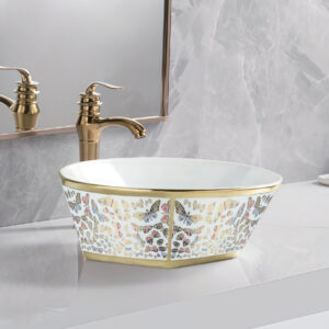 Stylish Design Butterfly Print Gold Trim Basin Ceramic Pentagon Sink Gold Electroplated Vanity Top Basin Sinks Bowl Washbasin
