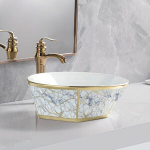 Stylish Design Marble Print Gold Trim Basin Ceramic Pentagon Sink Gold Electroplated Vanity Top Basin Sinks Bowl Washbasin