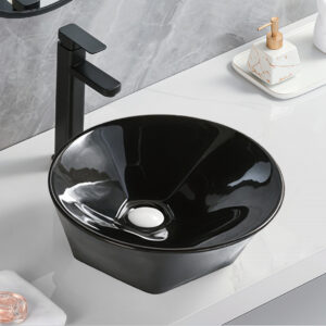 High Level Glossy Black Glazed Ceramic Pentagon Vessel Sink Vanity Top Basin Sinks Bowl Washbasin for Bathroom Hand Washing