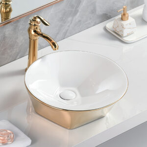 Hotel Grade Ceramic Pentagon Vessel Sink Gold Electroplated Solid Surface Vanity Top Basin Sinks Bowl Washbasin for Bathroom