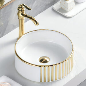 High Quality Ceramic Sink Groove Fluted Surface Bathroom Above Counter Basin Gold Plated Edge Sink Bowl Washbasin