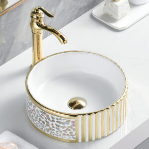 Good Quality Ceramic Round Sink Groove Fluted Surface Butterfly Pattern Bathroom Countertop Basin Gold Plated Edge Sink Bowl Washbasin