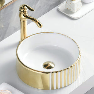Premium Ceramic Round Sink Groove Fluted Surface Bathroom Countertop Basin Gold Plated Edge Sinks Bowl Washbasin for Hotel Home
