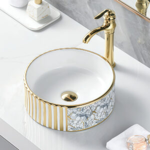 Bathroom Premium Ceramic Round Sink Fluted Surface Countertop Basin Marble Type Gold Plated Sinks Bowl Washbasin for Hotel Home
