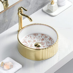 Bathroom Premium Ceramic Round Sink Fluted Surface Countertop Basin Red Flower Gold Plated Sinks Bowl Washbasin for Hotel Home