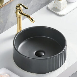 Premium Matt Black Glazed Ceramic Round Sink Fluted Surface Countertop Basin Sinks Bowl Washbasin for Hotel Home