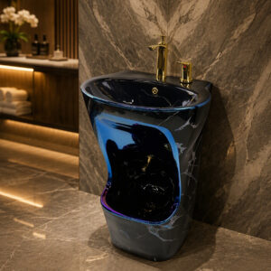 Modern Black Marble Pedestal Sink Ceramic Bathroom Basin with Metallic Blue Trim and Two Level Bowl for Villa Hotel Renovation