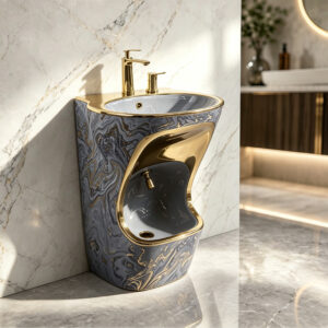 Freestanding Ceramic Wudu Wash Hand & Foot Basin with Decorative Golden Grey Print Gold Rim and Sculpted Dual Basin Design