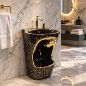 Middle East Style Black Gold Geometric Pattern Double Layer Pedestal Bath Basin Ceramic Sink for Luxury Hotel Villa Bathroom