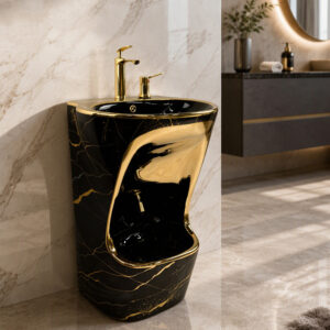 Premium Black Ceramic Floor Standing Bathroom Basin with Golden Marble Veins and Sculpted Lower Wash Bowl for SPA Hotel Villa