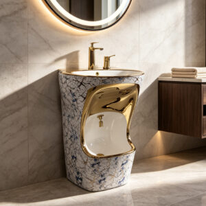 Luxury Blue Gold Electroplated Crackle Pattern Ceramic Pedestal Basin Floor Standing Bathroom Wudu Sink for Hotel Villa Projects