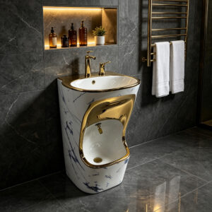 High End Gold Plated Marble Pattern Floor Standing Foot Bath Basin Ceramic Soaking Foot Tub with Gold Trim for SPA Hotel Villa