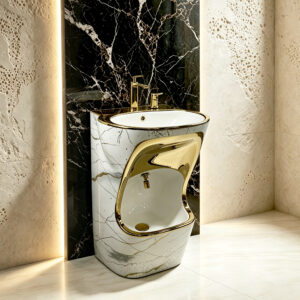 European Vintage Gold Line Pattern Ceramic Pedestal Sink Decorative Freestanding Washing Wudu Basin for Luxury Bathroom Design