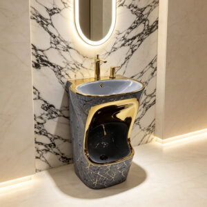Decorative Blue Gold Crackle Marble Pattern Double Layer Pedestal Wudu Basin Grey Glaze Ceramic Sink and Foot Soaking Tub 2-in-1