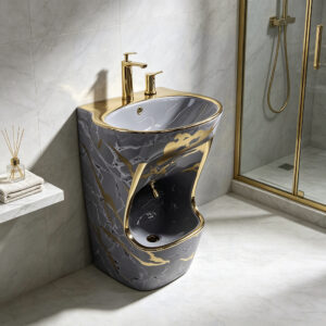 Vintage Style Grey Marble Vein Ceramic Pedestal Sink with Gold Trim Wudu Washing Floor Basin for Middle East Luxury Bathroom