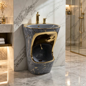 Boutique Hotel Sanitary Ware Supplier Grey Gold Plated Ceramic Pedestal Sink Wudu Washing Floor Basin for Vintage Style Bathroom