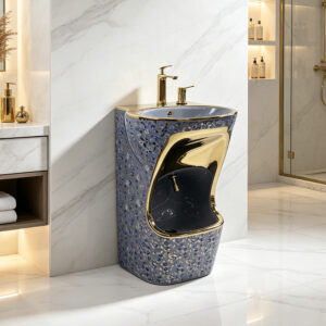 Art Decor Floral Ceramic Bathroom Floor Standing Basin with Black Gold Accent and Double Layer Wash Bowl for Middle East