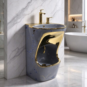 Blue Marble Pattern Ceramic Freestanding Wash Basin with Gold Trim and Two Level Basin Design for High-End Bathroom Project