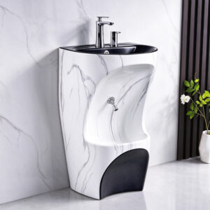Luxury Two Tone Calacatta Marble Ceramic Pedestal Wash Basin with Integrated Lower Foot Bidet Bowl Ablution Sink for Bathroom