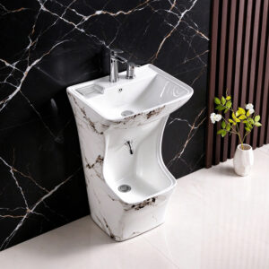 Luxury White Brown Marble Vein Double Layer Pedestal Foot Bath Basin Ceramic Sink Foot Soaking Tub 2-in-1 for SPA Hotel Villa