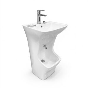 Space Saving Glossy White Ceramic Pedestal Dual-Level Islamic Prayer Ritual Wudu Station Foot Wash Basin for Mosque Home