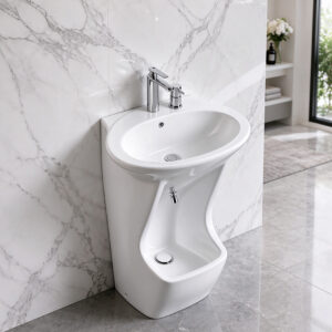 Modern Pure White Dual Tier Ceramic Pedestal Wash Basin with Integrated Lower Foot Bidet Bowl Ablution Sink for Home Hotel